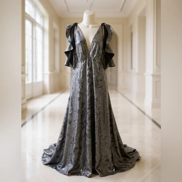 NWT Topshop Silver Metallic Ruffle Maxi Dress Glam Evening Party Size 14 - Picture 1 of 7